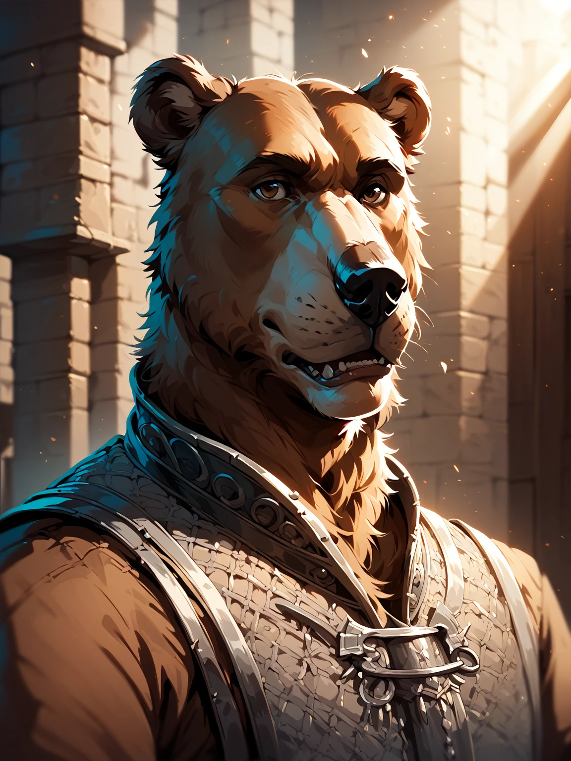 solo ((a male brown bear)) with ((adventurer features)) and ((light brown eyes)) and (bulky features), ((half-length portrait)), ((wear fantasy medieval clothes)), BREAK (detailed background, depth of field, half body shadow, sunlight), (intricate:0.7), (high detail:1.2), (unreal engine:1.3), (sharp focus:1.15), (masterpiece, best quality, 4k, 2k, shaded, absurd res)