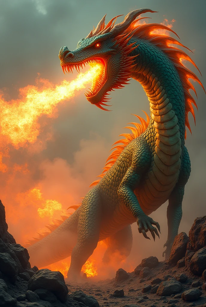 I need a dragon with its mouth open that looks real, I need him to be spitting a huge horizontal jet of flames that comes out of his mouth