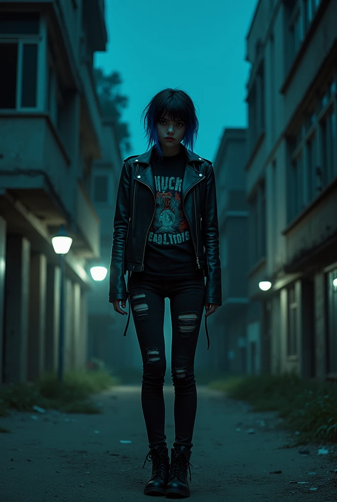 A dark post punk girl who is alone at night, but the girl is far away and in a solitary zone, and that only she is seen in the image the rest are in darkness