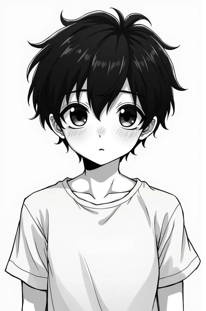 An introverted 16-year-old high school boy, facing the camera, short black hair, dead fish eyes, simple manga style for drawing, without many details, black and white image