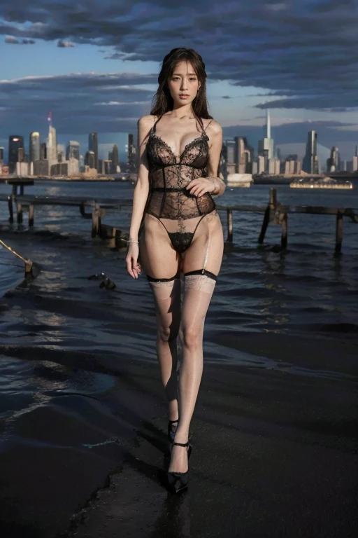 The night view of New York,Spectacular clouds,(RAW photos, best quality), (Practical, Photo Practical: 1.3), best quality, Very detailed, masterpiece, Ultra Detail, 1 girl, golden body proportions,Very detailed的脸部,Exquisite eyes, Full body portrait, Perfect body,fur coat,Tights,Long legs,pantyhose,Lace ribbon,Long-range shooting, World masterpiece Theater, Stylish_long_hair, best quality, movie stills style,The city skyline stretches endlessly in the background.