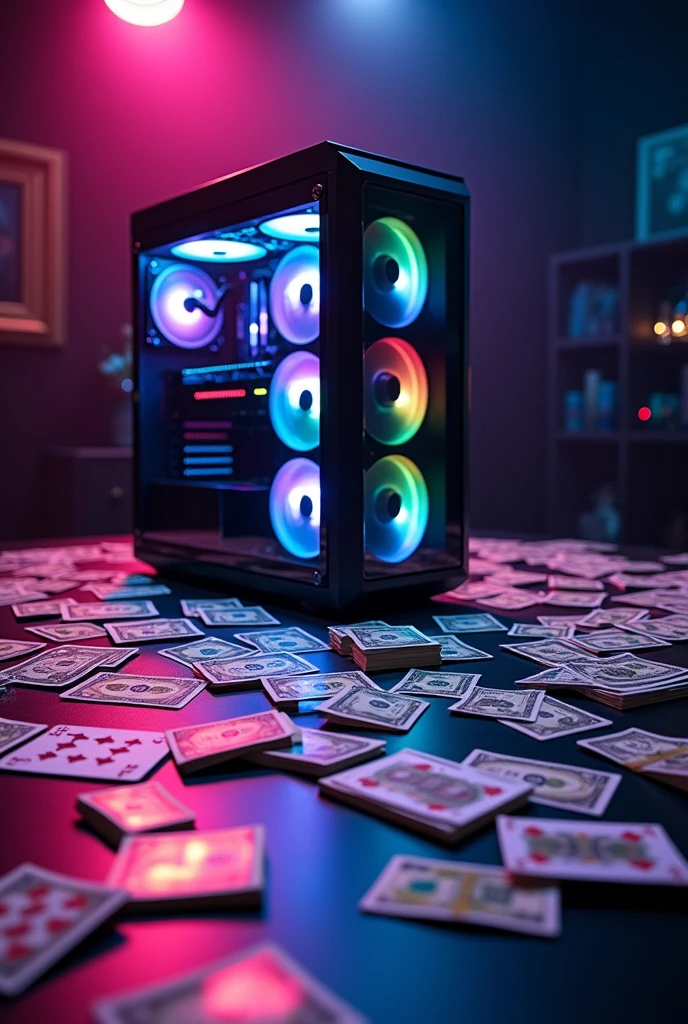 A table full of money and cards and a gaming PC
Add the cards
