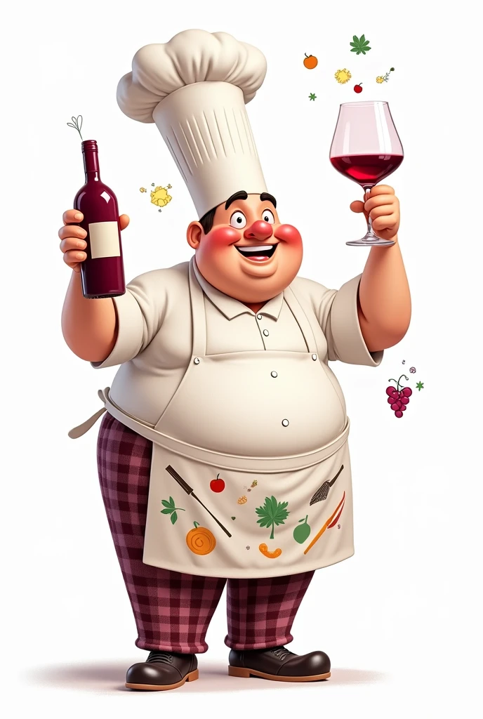 2D cartoon of a fat chef holding a bottle of grape wine with a white background