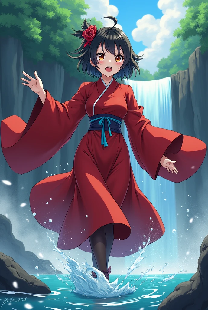my oc is called tsuria tomioka and is the younger sister of tomioka giyu she is joyfull and the opisit of tomioka giyu shes from the anime demon slayer and is a demon slayer she is the tsugoku of ciyu the water hashira and uses water breathing and she got tricked by the same pervy kakushi as mitsuri so she wears the exact same uniform with a red haori
