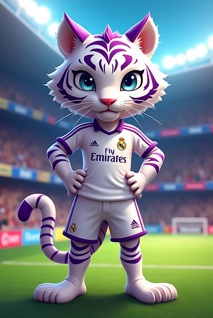 White female tiger dressed as a footballer in a Real Madrid uniform
white with purple color
in cartoon form