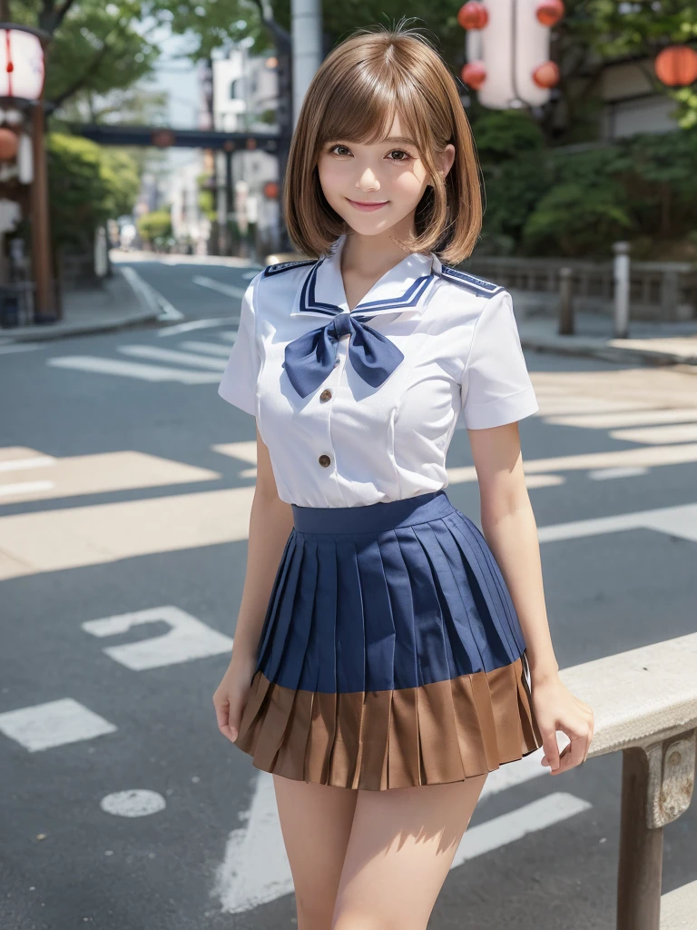 (8k,Highest quality,masterpiece: 1.2),(Realistic, Realistic: 1.37),Very detailed,One person,beauty,cute,Baby Face,smile, alone,(Nose redness),(smile: 1.15),Beautiful Eyes,Big eyes,Brown eyes,(Long brown bob hair: 1.5),Floating Hair,bangs,NovaFrog Style,whole body,(Huge breasts:1.0),(((cute Japan Beautiful Girl))),(Beautiful attention to detail), (Highest quality),(Ultra-detailed),(masterpiece),(school uniform,White summer short sleeve shirt:1.5),(Navy blue super short micro pleated mini skirt:1.5),(Model-like body),(Long legs)
