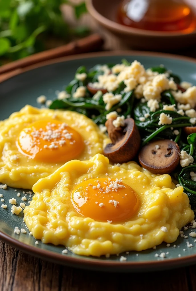 2 Scrambled Eggs, spinach, Mushrooms, queso