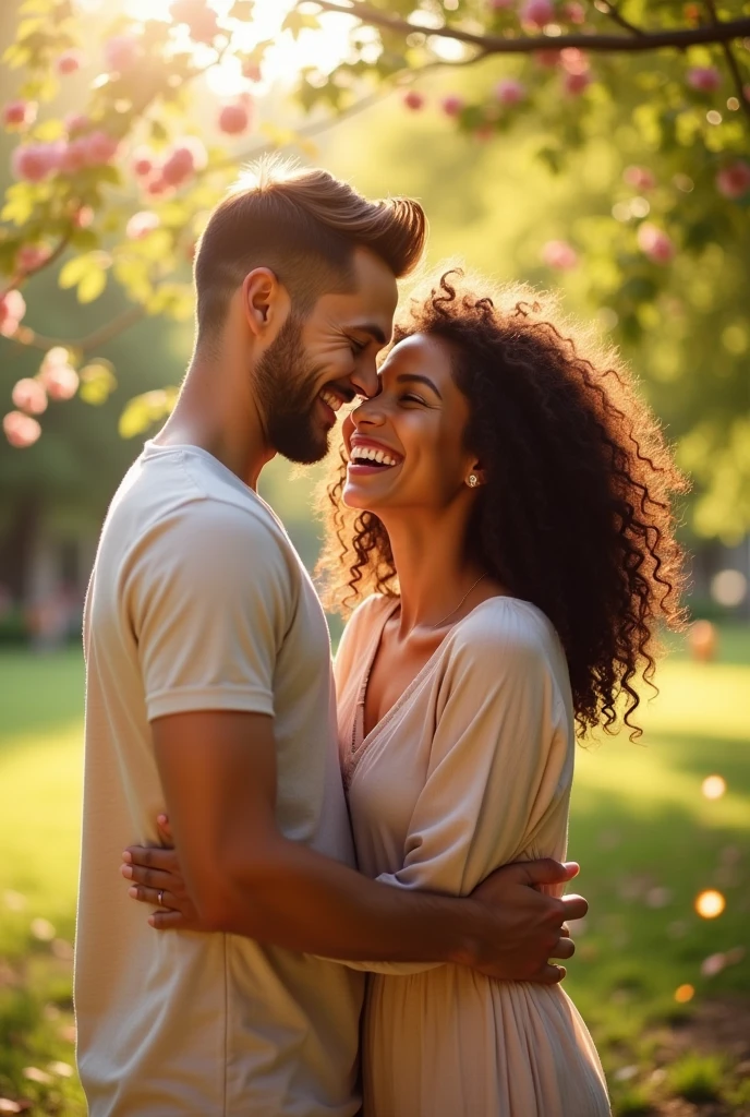 A man with short hair and a brunette woman with curly hair hugging and animated.