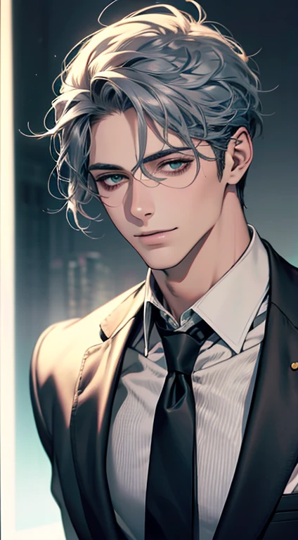 (Highest quality,4K,8K,High resolution,masterpiece:1.2),Super detailed,(Realistic,photoRealistic,photo-Realistic:1.37),1 person,31 years old,Mature Men,Beautiful skin、very handsome,Expressionless smile in love,Short gray blue hair,green eyes,Sharp Eyes,A perfect face without a doubt,Businessman,Office Background,Cinema Lighting,HDR image,tie、