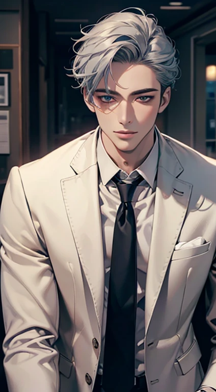 (Highest quality,4K,8K,High resolution,masterpiece:1.2),Super detailed,(Realistic,photoRealistic,photo-Realistic:1.37),1 person,31 years old,Mature Men,Beautiful skin、very handsome,Expressionless smile in love,Short gray blue hair,green eyes,Sharp Eyes,A perfect face without a doubt,Businessman,Office Background,Cinema Lighting,HDR image,tie、