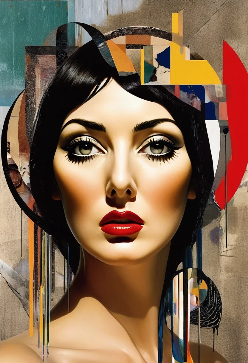 Monica Bellucci themed, Surreal and strange dislocation art :Collage, There are many different things on the faces, somber colors, Geometric Dislocation, Hollow, Artistic sense, Painting, paint, Simple, effect, Collage, Conceptual art, Dadaism, irreversible, erotic