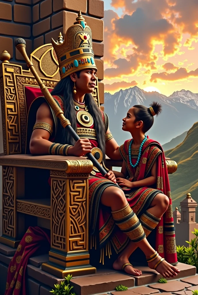 creates an image of Atahualpa the Inca with his axe-like staff with his crown of the sun god Inti, sitting on his throne and a young quipucamayoc kneeling showing respect and loyalty with a background of the Tahuantinsuyu