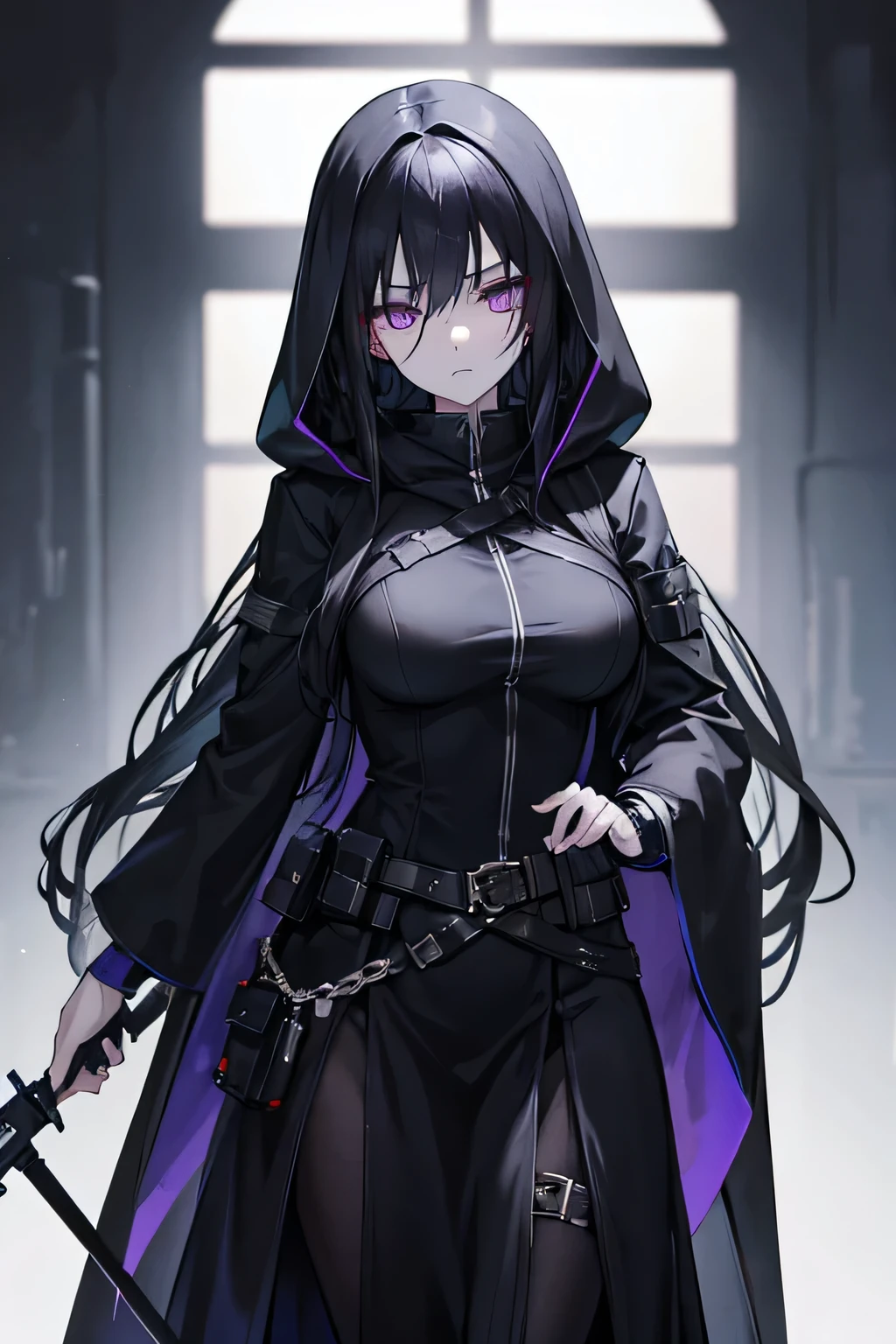 "An anime-style female assassin standing in a shadowy, dimly lit room. She has long, jet-black hair in soft waves reaching the middle of her back, with piercing violet eyes that are intense and captivating. Her pale skin contrasts with a form-fitting, black tactical outfit that allows for agile movement. She wears a long, hooded cloak that merges with the shadows, with a utility belt holding various weapons. Her expression is cold and unreadable, with a subtle hint of curiosity. The scene is dark and mysterious, highlighting her as a formidable and enigmatic figure."