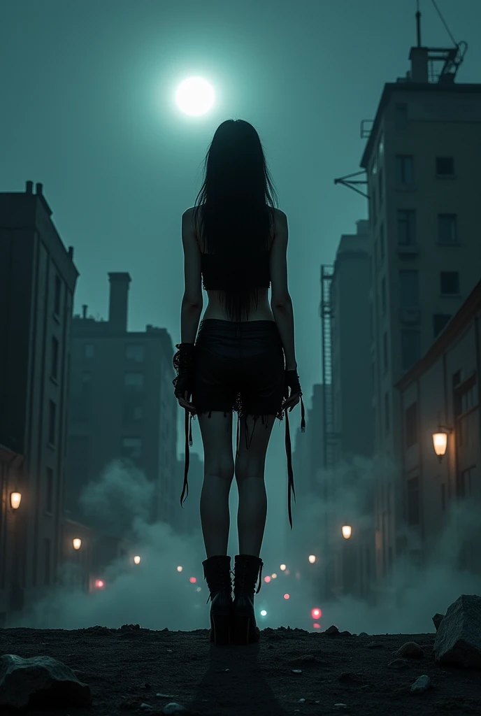 A dark post punk girl who is alone at night, but the girl is far away and in a solitary zone,  and that only she is seen in the image the rest are in darkness, The girl with her back turned 
