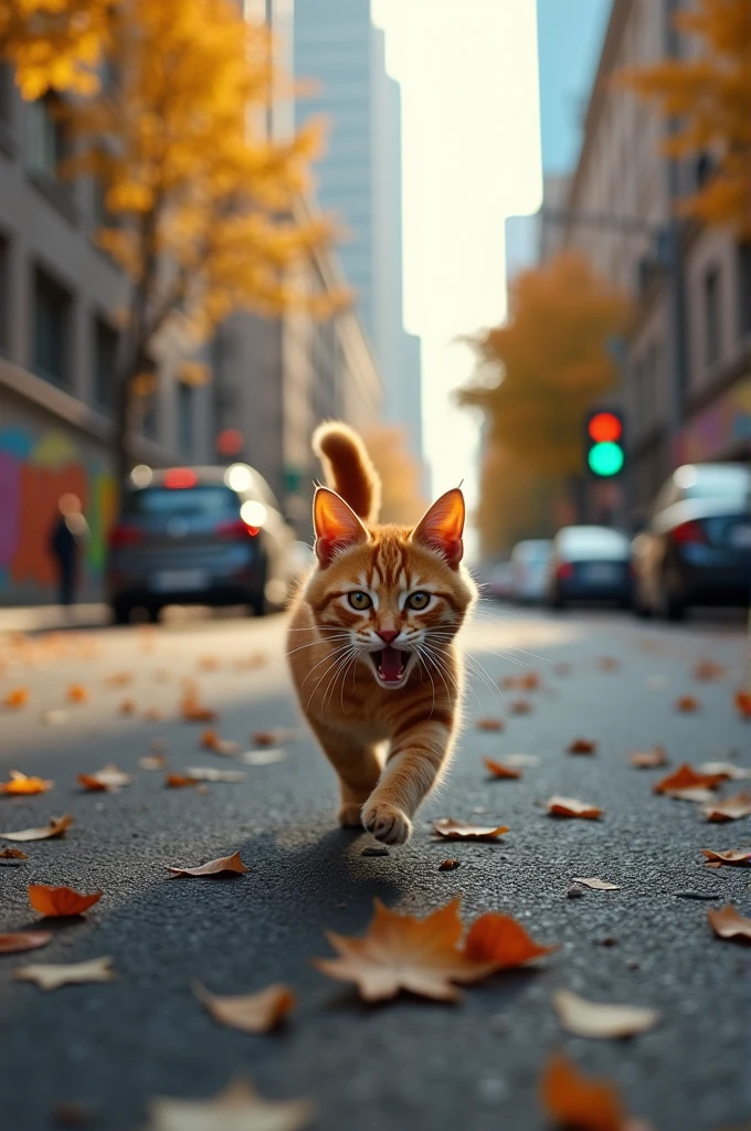 A cat cries while run on the street 