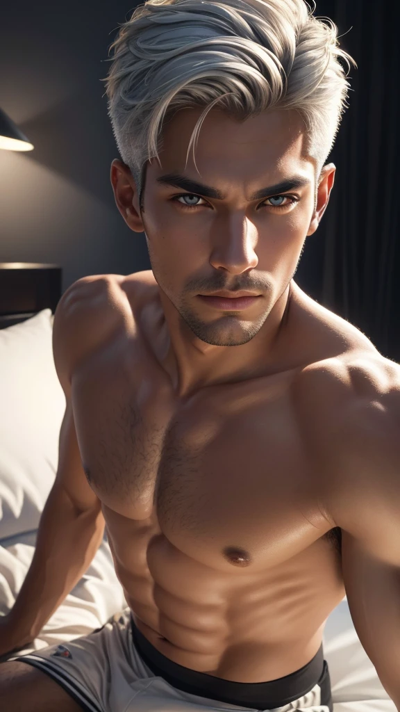 1 boy, handsome, tall and strong, perfect male figure, eyes looking at camera, (tanned skin:1.2), silver hair, serious expression, ray tracing, lying on bed, lay on bed, top view, (best quality,4k,8k,highres,masterpiece:1.2),ultra-detailed,(realistic,photorealistic,photo-realistic:1.37),studio lighting,ultra-fine painting,sharp focus,physically-based rendering,extreme detail description,professional,vivid colors,bokeh,portrait