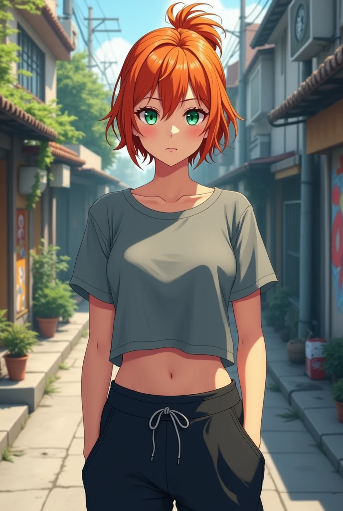 Adult woman, not smiling,  beautiful, short orange hair pulled back into a short ponytail, green eyes, athletic body, gray t-shirt, black sweatpants, anime art, masterpiece, realistically, anime art, masterpiece, realistically