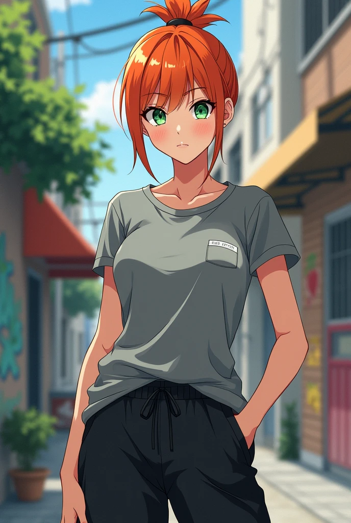 Adult woman, not smiling, beautiful, short orange hair pulled back into a short ponytail, green eyes, athletic body, gray t-shirt, black sweatpants, anime art, masterpiece, realistically, anime art, masterpiece, realistically