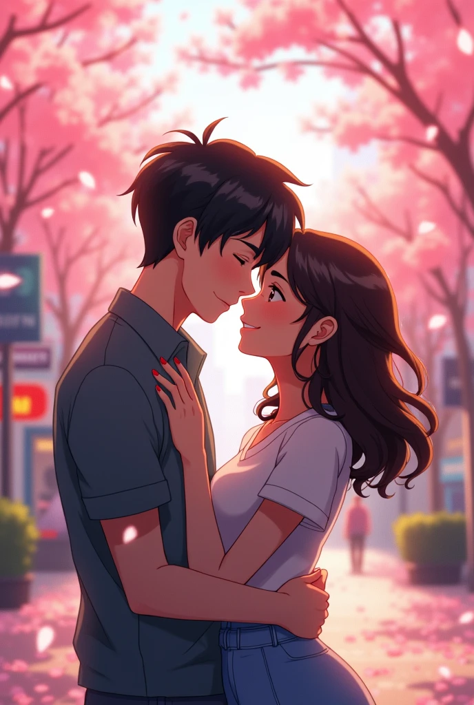 A man with short hair and a brunette woman with curly hair hugging each other, anime style.