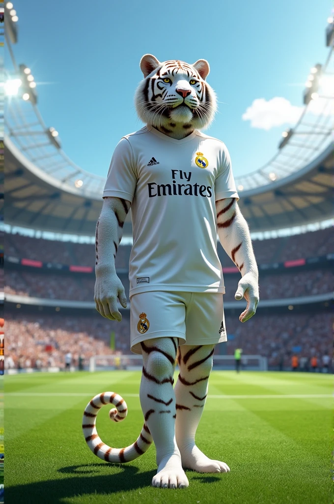 White female tiger in white Real Madrid football uniform 