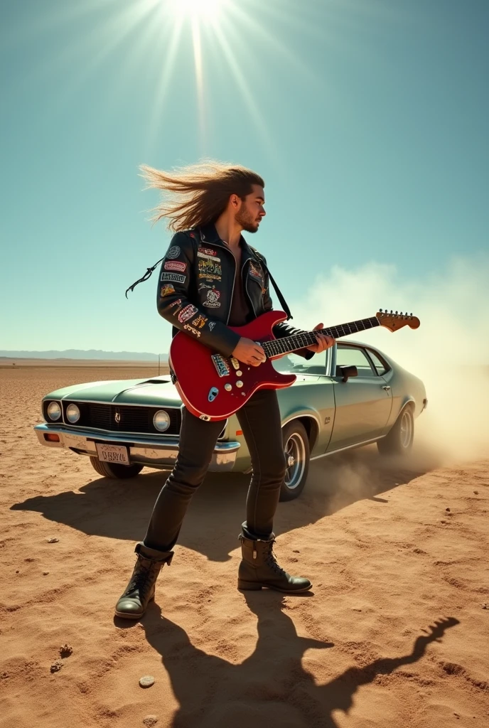 Young mexican metalhead playing red telecaster in the desert whit a ford maverick 1977