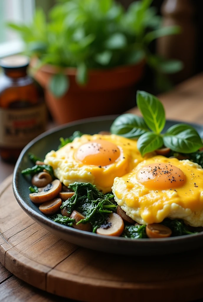 2 Scrambled eggs with spinach, Mushrooms, queso