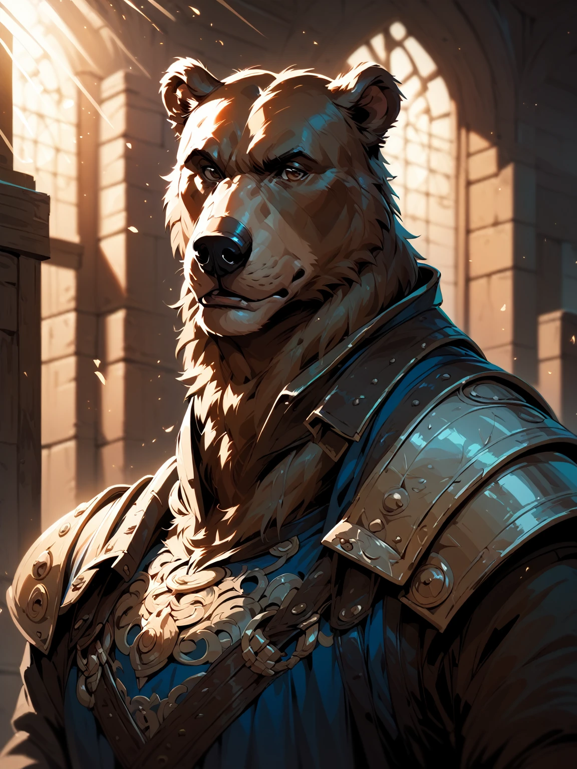 solo ((a male brown bear)) with ((adventurer features)) and ((light brown eyes)) and (bulky features), ((half-length portrait)), ((wear fantasy medieval clothes)), BREAK (detailed background, depth of field, half body shadow, sunlight), (intricate:0.7), (high detail:1.2), (unreal engine:1.3), (sharp focus:1.15), (masterpiece, best quality, 4k, 2k, shaded, absurd res)
