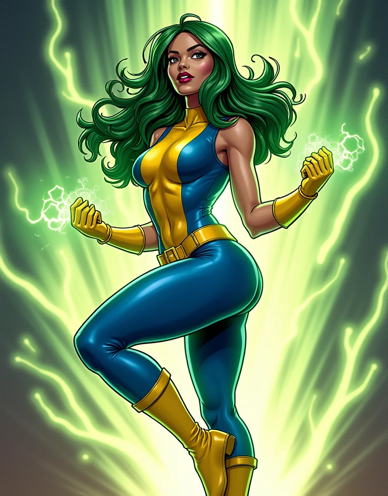 Lorna Dane, polaris x-men, (sexy profile side win pose:1.6), (busty and voluptuous body) , (green thick wavy long hair:1.4), (huge breast:1.6), wearing a blue costume, big yellow in the chest and stomach, with yellow xmen belt, yellow glowes, yellow boots, (screenshot of a beat em up videogame), (she's surrounded by a green energy:1.5), (comic style:1.4)
