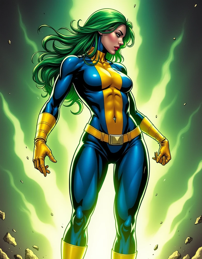 Lorna Dane, polaris x-men, (sexy profile side win pose:1.6), (busty and voluptuous body) , (green thick wavy long hair:1.4), (huge breast:1.6), wearing a blue costume, big yellow in the chest and stomach, with yellow xmen belt, yellow glowes, yellow boots, (screenshot of a beat em up videogame), (she's surrounded by a green energy:1.5), (comic style:1.4)
