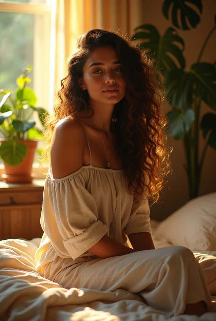 (photorealism:1.2), beautiful woman, sitting on bed, wearing loose off-shoulder top, pajama pants, long curly hair, indoors, soft lighting, plants in background, window with sunlight, cozy room, relaxed pose, realistic, intricate details, warm colors, by Greg Rutkowski, by Alphonse Mucha