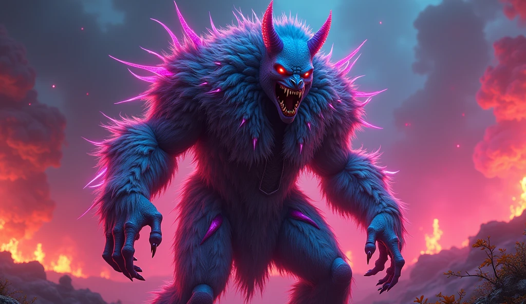 Cosmic cyberpunk Wendigo in neon fur armor, spray, mythological, Abominable, angle,, creepy, nasty, Nightmarish, Very bright neon colors, Light particles, with glowing light, , Mushroom cloud, Winner of the best photo of the year, World in flames, post-apocalyptic hellscape, war photography, Photo epic of the year, Fire on the horizon, Epic cinematic frame, Pure form, complex part, Post-production 8k, a high resolution, super detail, trending on artstation, Sharp Focus, studio photos, complex part, very detailed, Greg Rutkowski, Mshiff, Wallpaper Art, UHD Wallpaper