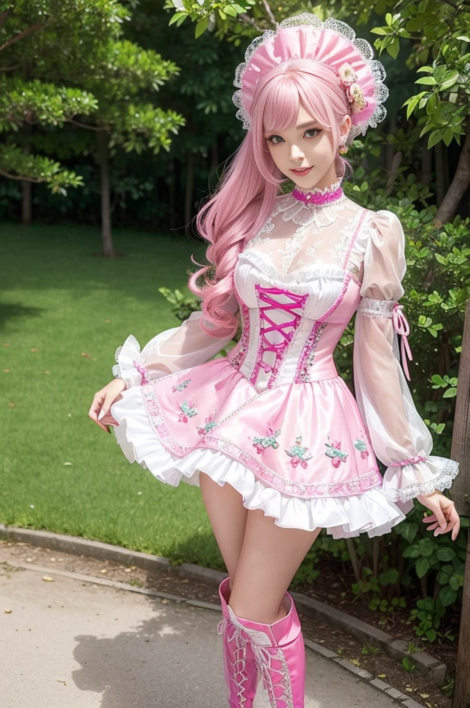 sexy stylish Swedish model, only 1 female, ((doll-like appearance)), long neon pink stylish hair, ((shiny Victorian-Style boots)), (big smile), ultra detailed eyes, vivid eye makeup, lipgloss, long lashes, defined eyebrows, ((sexy Paradise Kiss cosplay)), bell-shaped skirt, petticoats, high neckline, puffed sleeves, ((ultra detailed lace)), ((ultra detailed embroidery)), intricate details, Paradise Kiss accessoires and matching headpiece, choker, ((large sparkling Paradise Kiss jewelry)), cinematic light, detailed large park background with trees