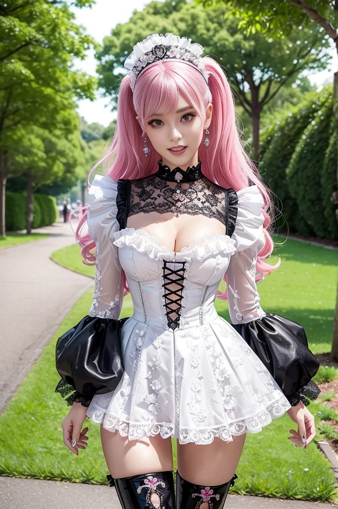 sexy stylish Swedish model, only 1 female, ((doll-like appearance)), long neon pink stylish hair, ((shiny Victorian-Style boots)), (big smile), ultra detailed eyes, vivid eye makeup, lipgloss, long lashes, defined eyebrows, ((sexy Paradise Kiss cosplay)), bell-shaped skirt, petticoats, high neckline, puffed sleeves, ((ultra detailed lace)), ((ultra detailed embroidery)), intricate details, Paradise Kiss accessoires and matching headpiece, choker, ((large sparkling Paradise Kiss jewelry)), cinematic light, detailed large park background with trees