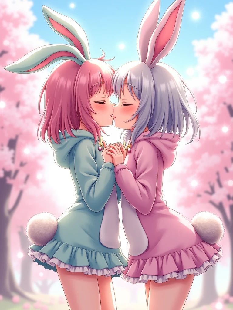 two anime girls kissing passionately in bunny customes