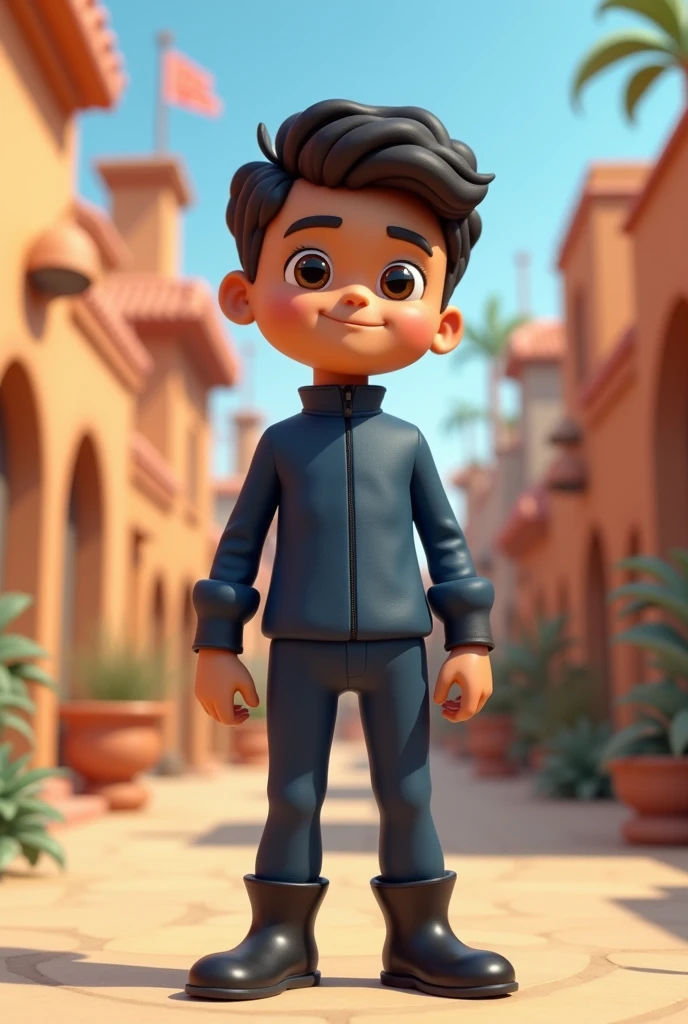 Create a 3D adult mascot without any beard, male, light brown, thin with a thin face and thin chin, with brown eyes, in a dark blue uniform with dark blue pants, without logo, without details, with black boots. , and also with short, curly hair and a little bit of a bald spot with a slightly thin nose , continue creating the same character but a little taller and in different poses, but I just want a mascot