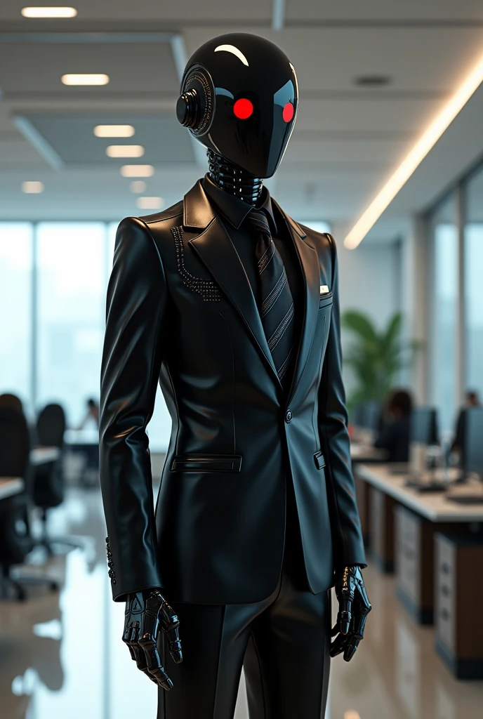 protogeno, The robot, male, negro, Little Red, Red eyes, black eyes, black suit, black long pants, office worker, clean