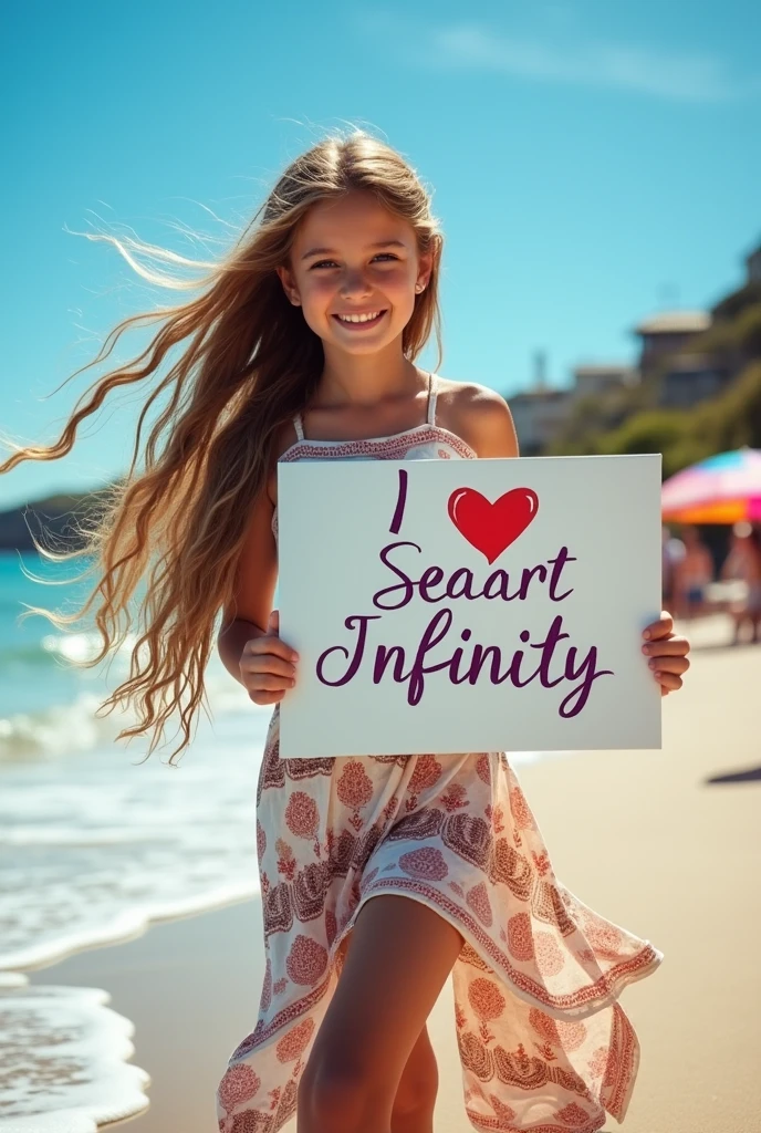Beautiful girl with wavy long hair, bohemian dress, holding a white board with text "I Love Seaart Infinity" and showing it to the viewer