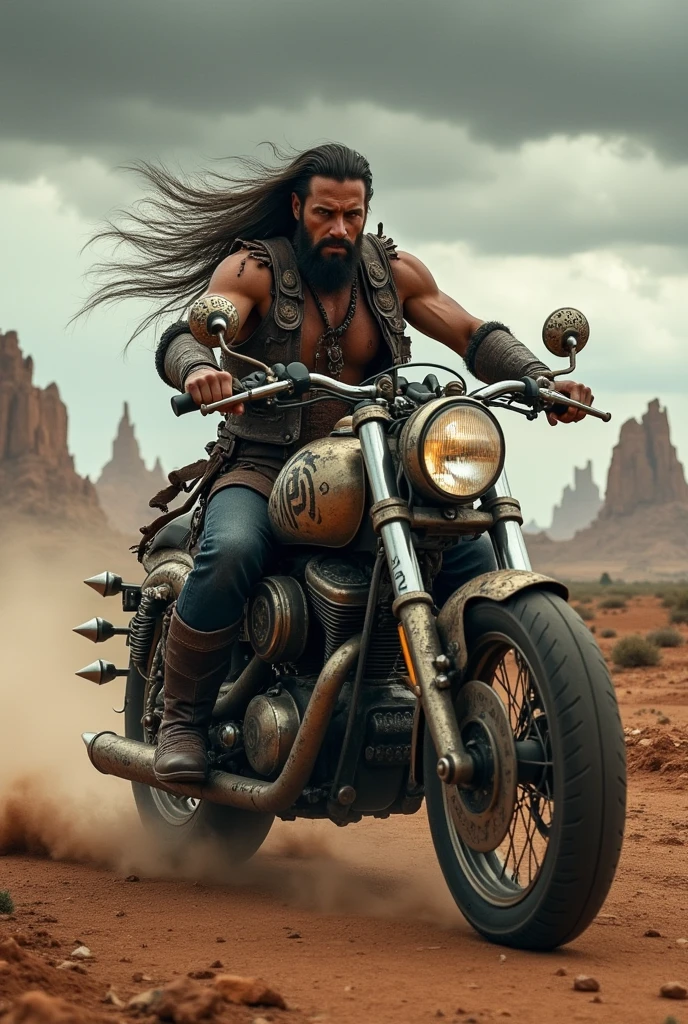 Male Mongolian, mad max warlord style on a motorcycle