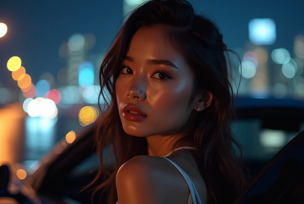 (Car photography), Beautiful girl posing after getting out of a luxury sports car, detailed facial features, beautiful eyes, lips and skin, elegant pose, high-end fashion, stunning skyline cityscape, night scene, dramatic lighting, cinematic composition, (best quality, 4k, 8k, highres, masterpiece:1.2), ultra-detailed, (realistic, photorealistic, photo-realistic:1.37), HDR, UHD, bokeh, concept art