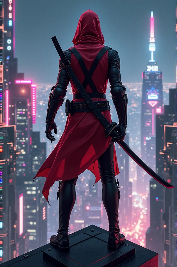 Assassin creast with a modern combatsuit, color is red with black Lind, back ground is on top of the highest building and hand is on the edge of the roof, katana sword on the back and on the hip with messy looking, and modern town or cyber town.