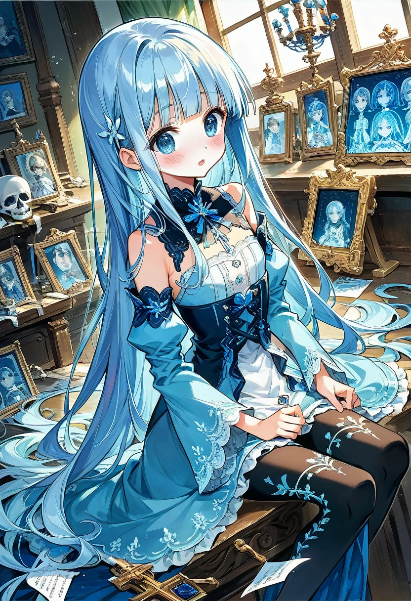 masterpiece, best quality, extremely detailed, (illustration, official art: 1.1), 1 girl, (((light blue long hair)))), (((light blue long hair))), light blue hair,, long hair ((blush)) , cute face, big eyes, masterpiece, best quality, (((a very delicate and beautiful girl)))), amazing, beautiful detailed eyes, blunt bangs (((little delicate girl)))), tareme (true beautiful: 1.2), sense of depth, dynamic angle,,, affectionate smile, (true beautiful: 1.2), (tiny 1girl model: 1.2),) (flat chest), The beautiful girl in lace top and leggings is sitting astride a pile OF SKELETONS IN THE CENTER OF THE PICTURE... There are multiple comic storyboards in the background, cbt, (masterpiece, best quality: 1.2), 1 beautiful girl, comic storyboard: 2, leggings, axially symmetrical: 2,, sounding, cbt, hold, colorful, Trembling, juice, spray, long hair, lace top, torogao
