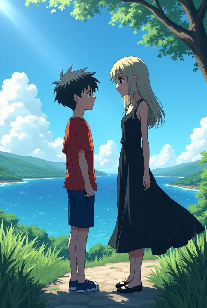 A anime 23year  boy wire a red tshirt short hair full fade and girl wear a black dress. Boy miss him verry mouch.but girl dont care he emjoy his life.background is sea or hill