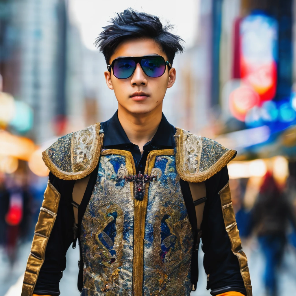 A young man wear a costume walking in the city blur in background 