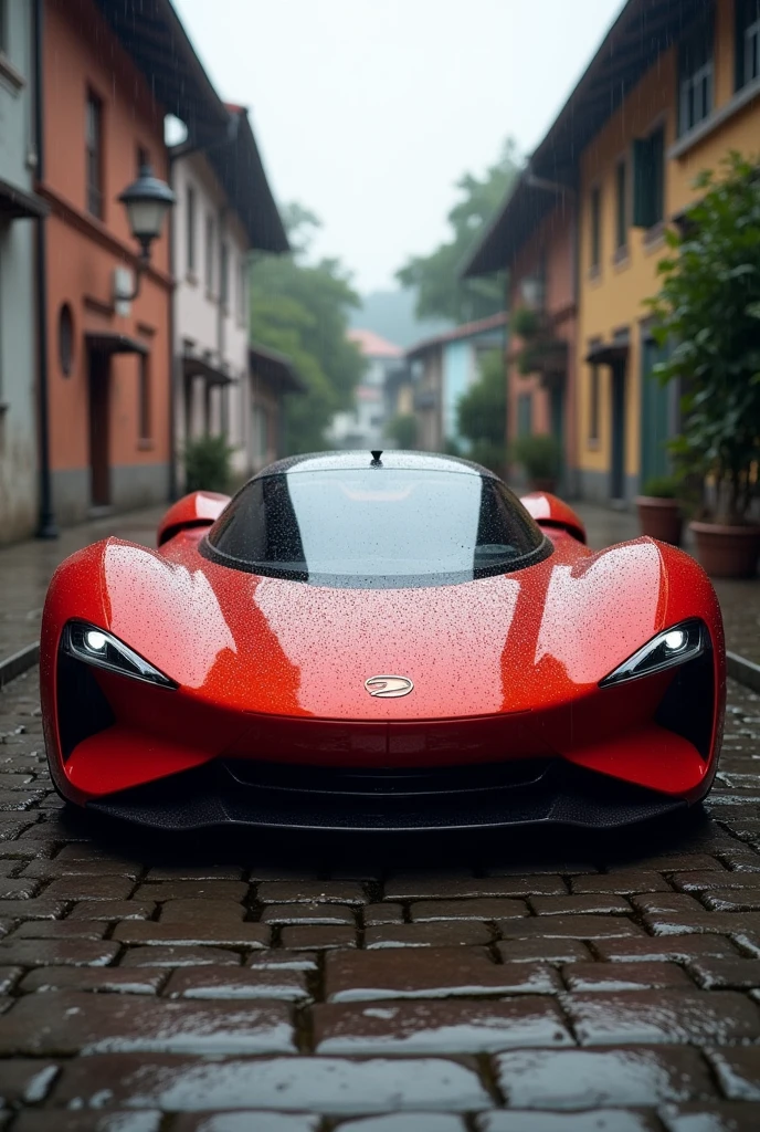 Futuristic design Proton car, red color, in a small town, cloudy weather, detailed photo, super realistic, epic realism