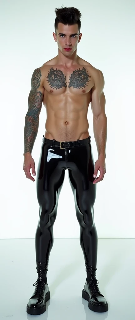 Fullbody standing picture of white skin Handsome muscular nude horny sexy gay man wearing skinny tight shiny transparent latex, shiny black Disconnected Pompadour oiled hair style, blue eyes, shiny varnished vinyl black shoes, black belt, red lip, chain, tattoos, horny, cum shot, sperm, milking penis, very big penis, very big testicle, shiny oiled skin, orgasm, oversexed, masturbation, standing at white lighting show room.