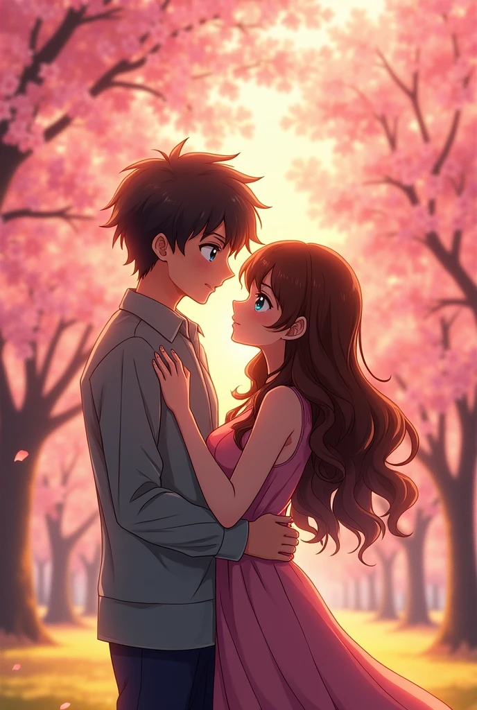 A man with short hair and a brunette woman with curly hair hugging each other in an anime style.