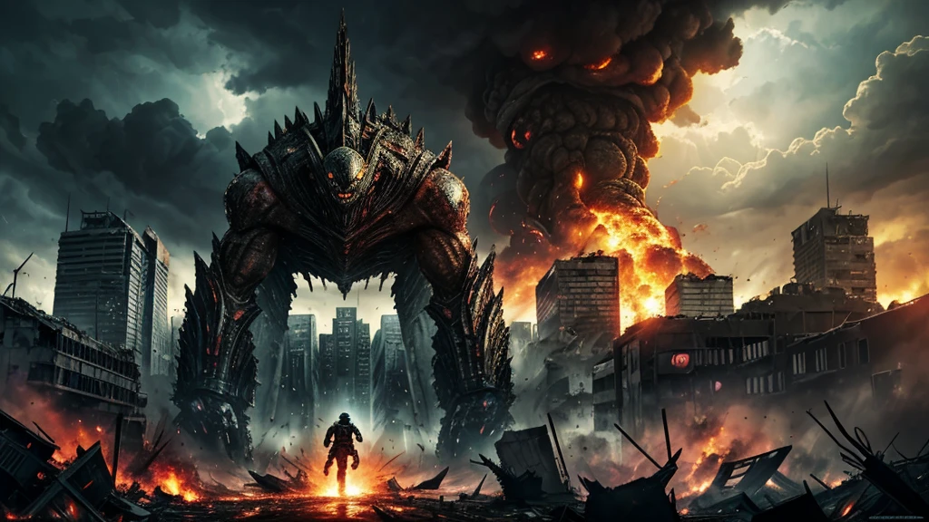 "Design a clickbait YouTube thumbnail featuring a dramatic and shocking apocalyptic scene. The background should depict a war-torn landscape with crumbling buildings, burning wreckage, and a dark, stormy sky filled with ominous clouds. In the foreground, highlight a massive, terrifying alien creature with menacing features—glowing eyes, sharp claws, and towering over the devastated city. Surround the alien with chaos: explosions, fleeing humans, and military forces trying to fight back. Use intense, eye-catching colors and bold text overlays like 'MASSIVE MONSTER INVASION!' and 'EARTH'S FINAL BATTLE' to draw viewers in and create a sense of urgency and fear." MANY SMALL MONSTERS ARE RELEASED