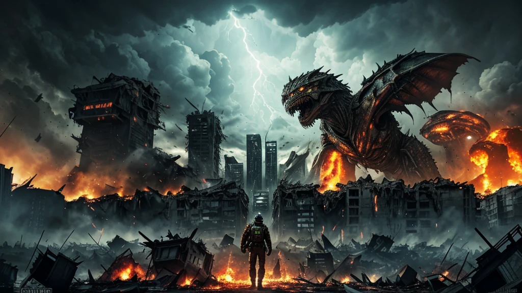 "Design a clickbait YouTube thumbnail featuring a dramatic and shocking apocalyptic scene. The background should depict a war-torn landscape with crumbling buildings, burning wreckage, and a dark, stormy sky filled with ominous clouds. In the foreground, highlight a massive, terrifying alien creature with menacing features—glowing eyes, sharp claws, and towering over the devastated city. Surround the alien with chaos: explosions, fleeing humans, and military forces trying to fight back. Use intense, eye-catching colors and bold text overlays like 'MASSIVE MONSTER INVASION!' and 'EARTH'S FINAL BATTLE' to draw viewers in and create a sense of urgency and fear." MANY SMALL MONSTERS ARE RELEASED