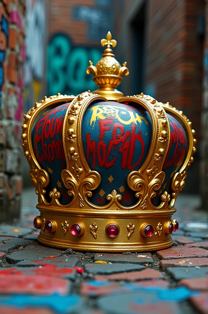 A golden crown with graffiti written all over it