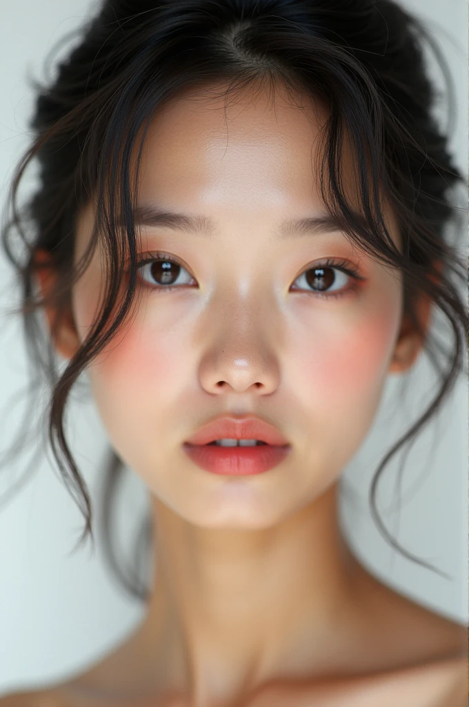 a face type photo of a model's face with the combined beauty of Jennie Kim and Darla as naughty little ones, that he is looking in front and that his features look very good and that the background is white